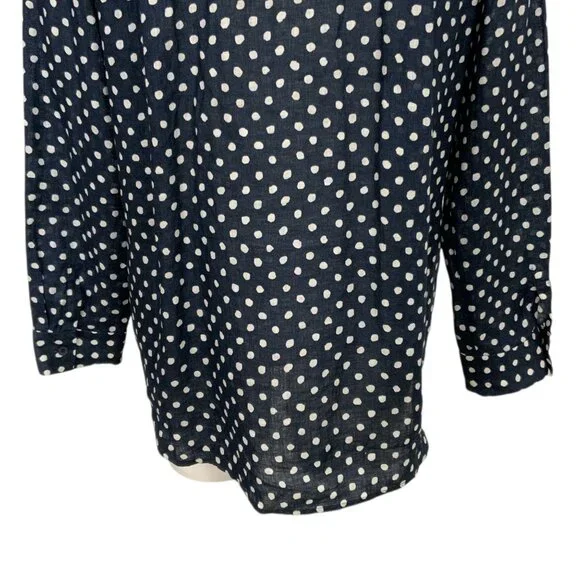 Lafayette 148 Linen Button Front Shirt L Blue Polka Dot - Picture 13 of 16